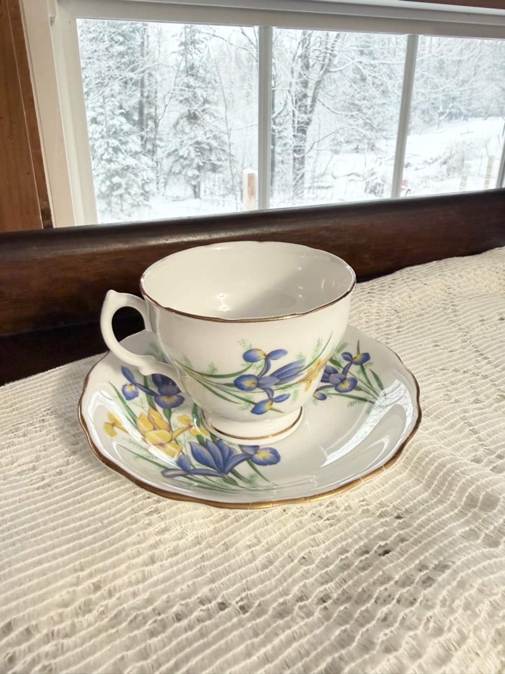 Royal Vale Blue and yellow Iris cup and saucer